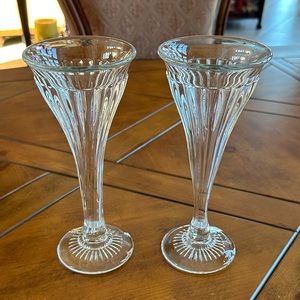 Vintage (set of 2)  glass 9” tall trumpet vases, shelf risers, shelf supports